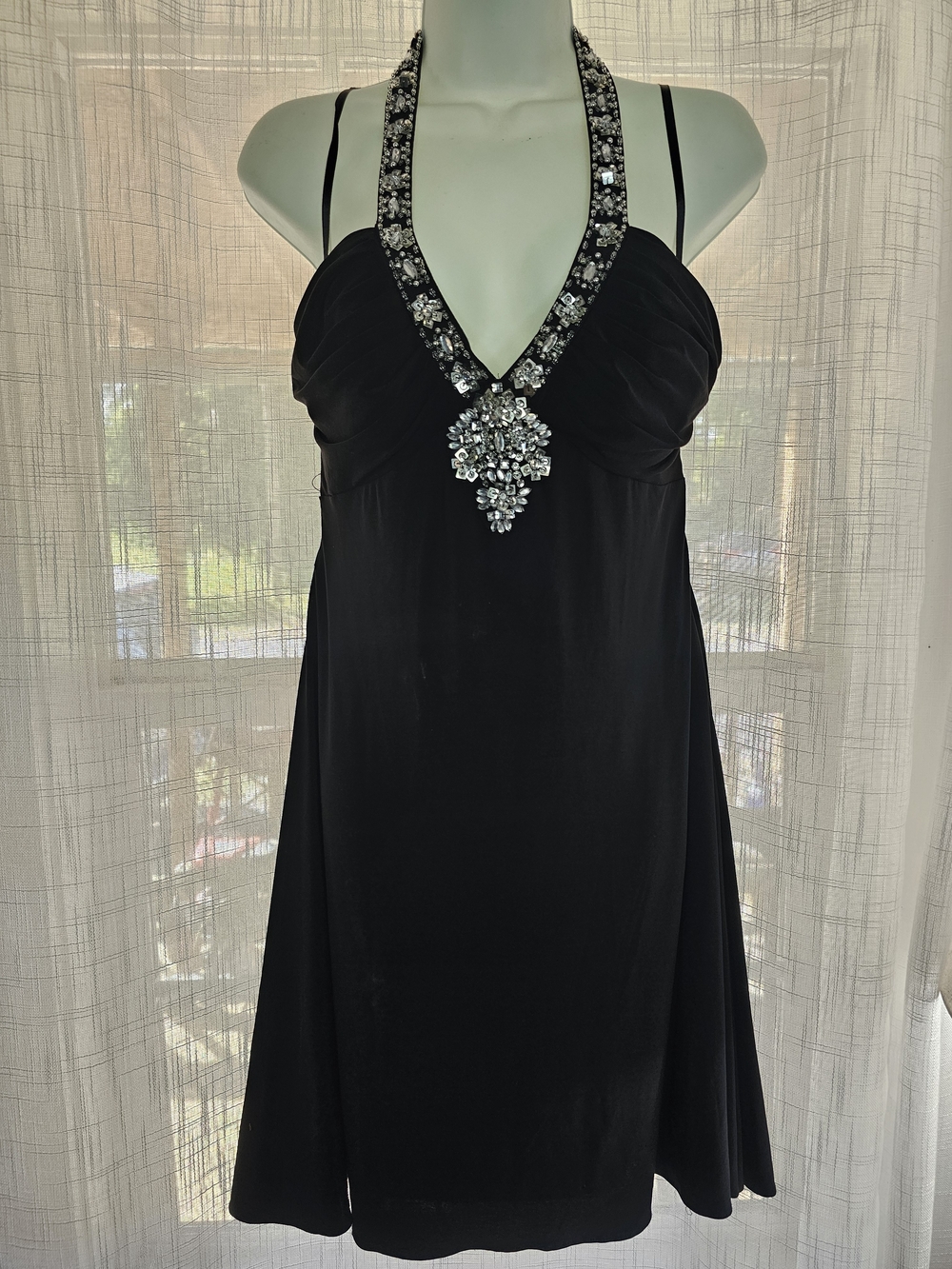 Betsy & Adam Black Halter Mini Dress with Crystal Embellishment